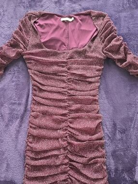 Lush Plum Metallic Ruched Long Sleeve Bodycon Dress